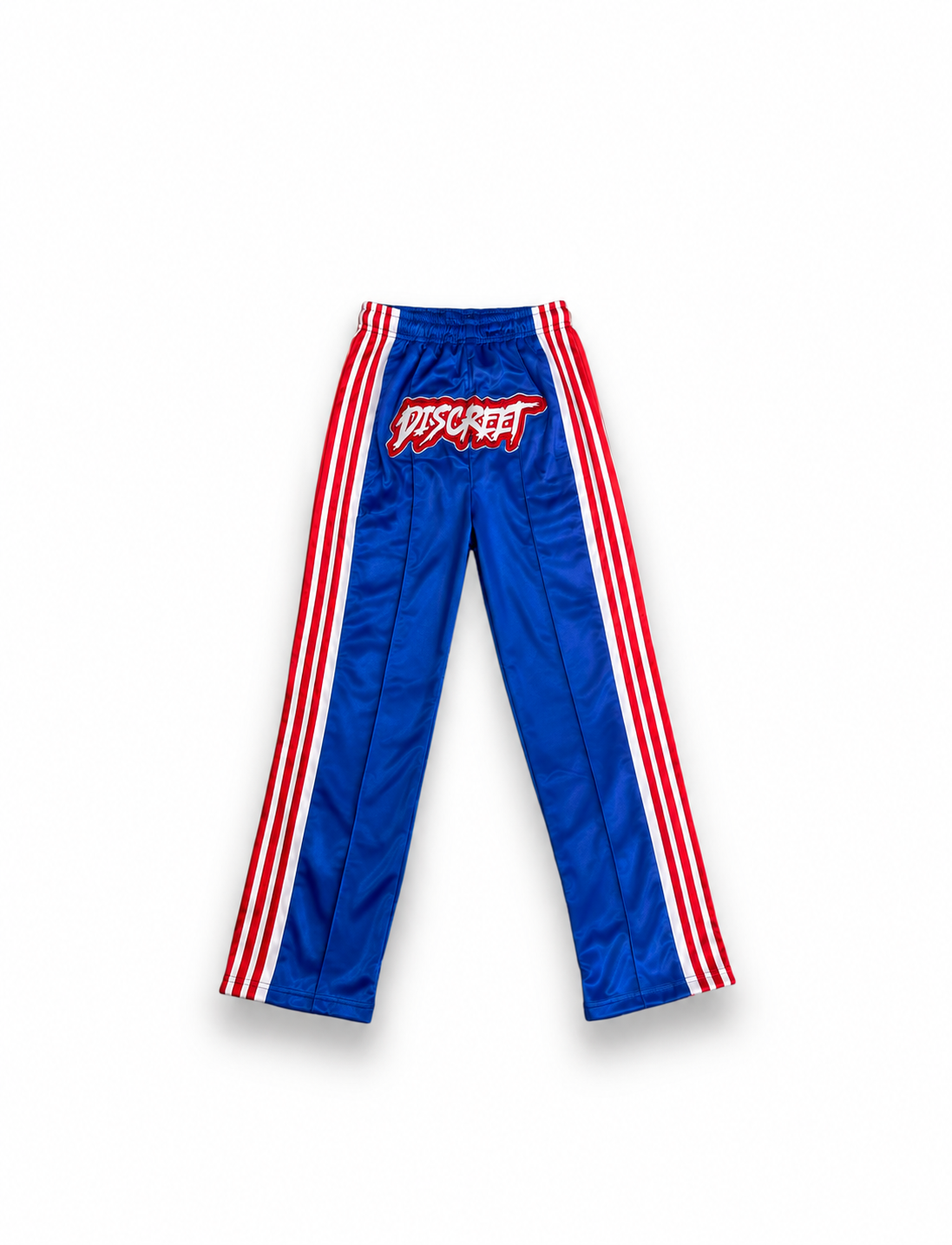 Royal blue Discreet track pants with red-and-white side stripes and a contrasting logo graphic